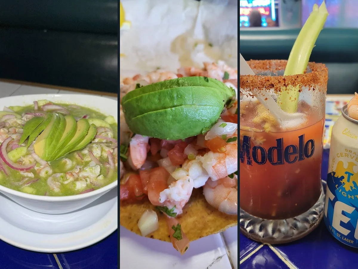 Seafood dishes on a casual Mexican table