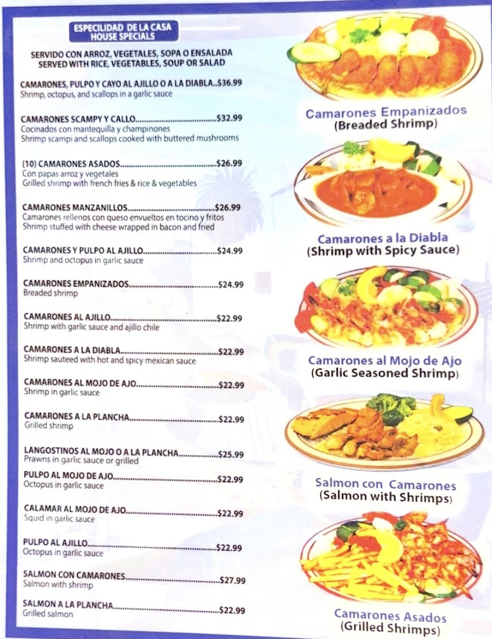 Menu pages for seafood, drinks, and cocktails