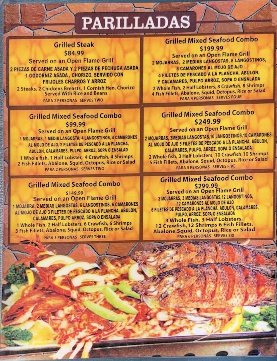 Tostadas, oysters, and shrimp dishes listed